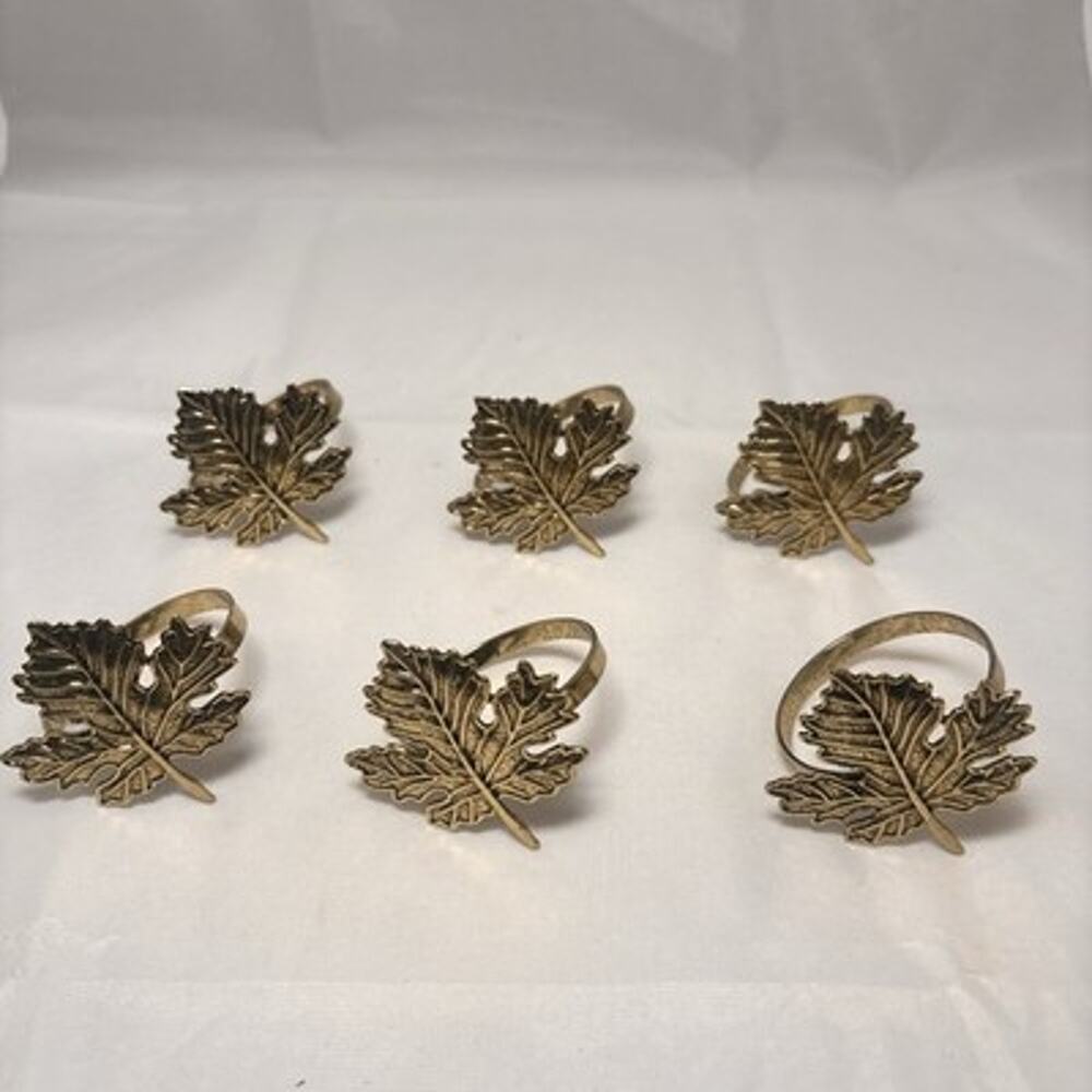 Set of 6 Gold Leaves Napkin Rings 2” Metal Thanksgiving Fall Table Decor